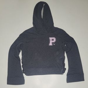 Puma Flare Sleeve Cropped Hooded Pullover Sweatshirt Grey Lace Up Sides Size M